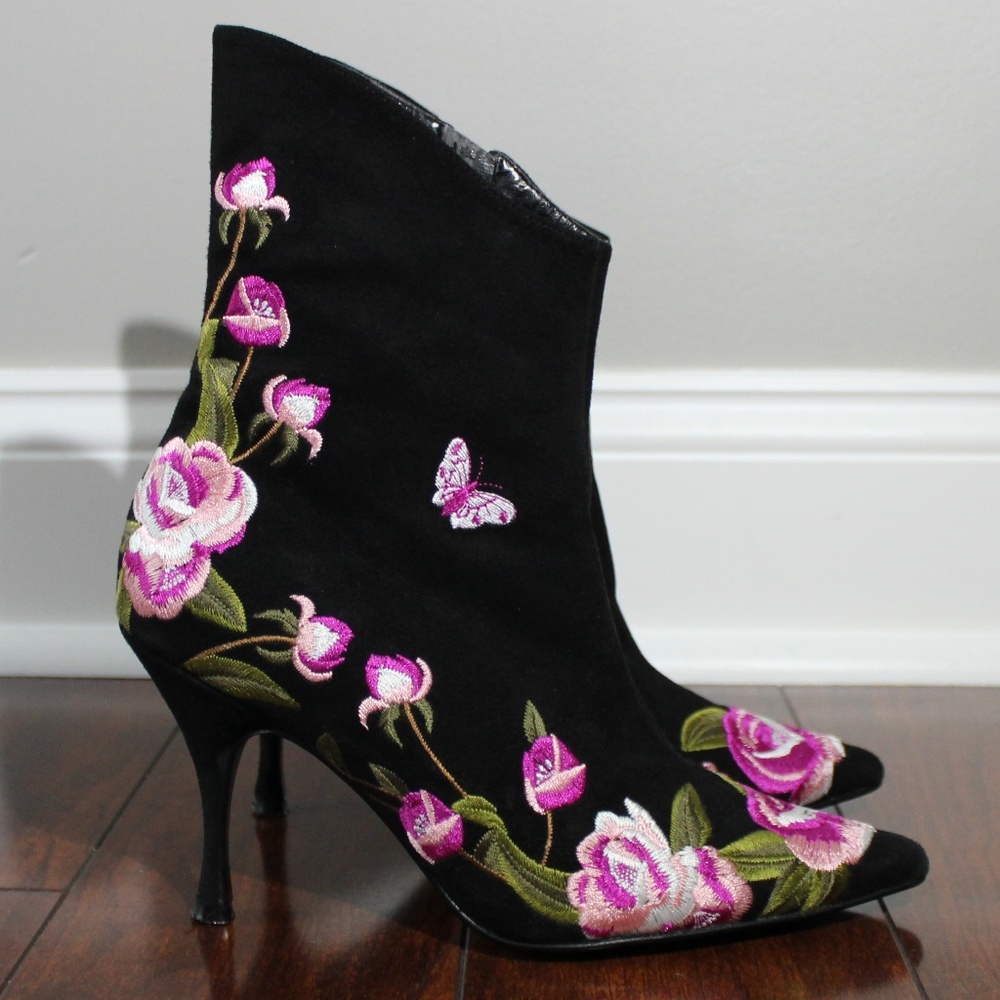 Beverly Feldman Kitten Heel Floral Booties